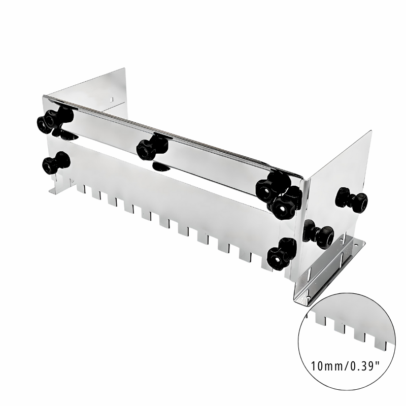 Adjustable notched trowel for fast and equal application of adhesive on the floor