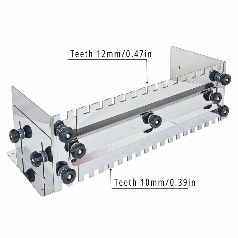 Two-side adjustable notched tile trowel (from 33cm to 60 cm).