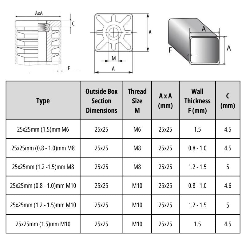 Square Tube Insert with Thread 25x25mm – M6 M8 M10