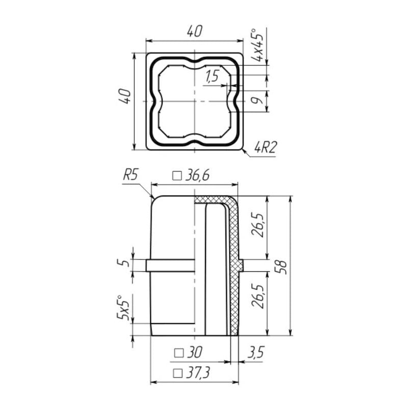 40 x 40mm Square Box Section Inline Connector (1.5mm)