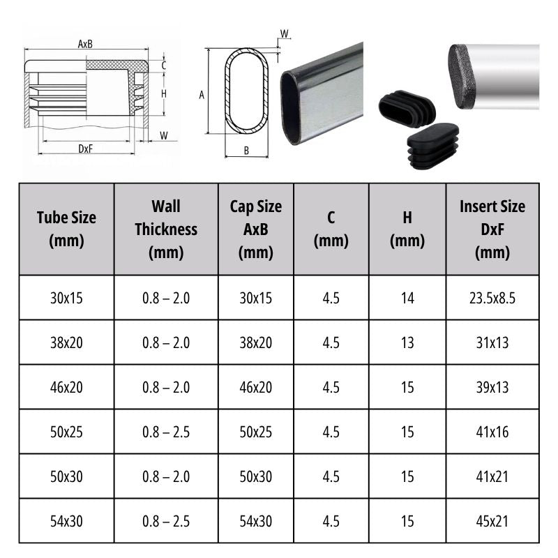 Oval Tube Insert End Cap - Black LDPE