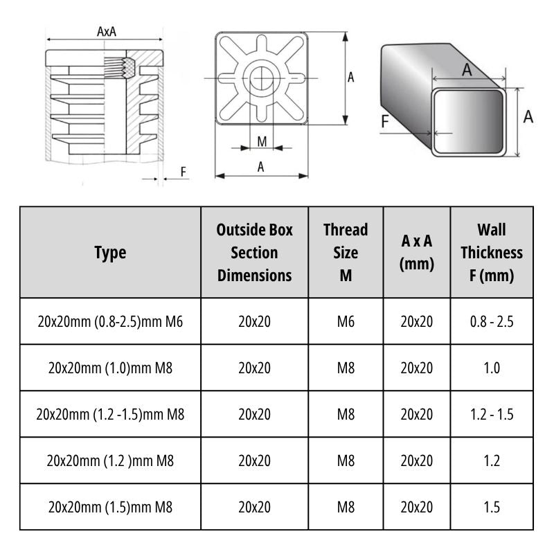 Square Tube Insert with Thread 20x20mm - M6 M8