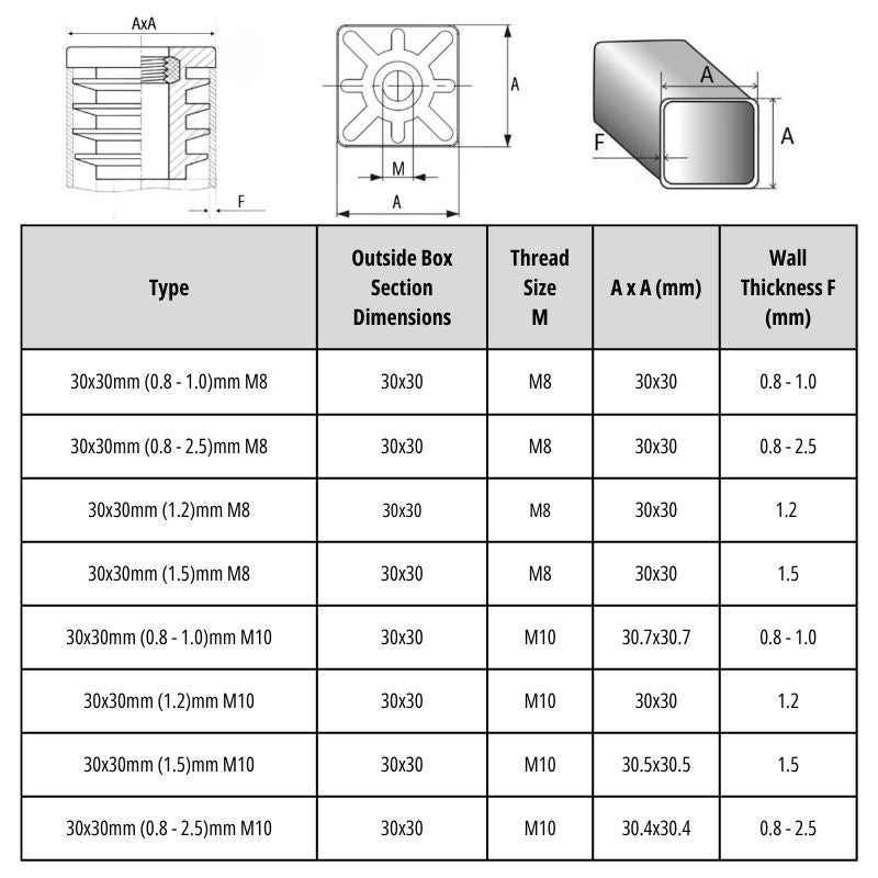 Square Tube Insert with Thread 30x30mm - M8 M10