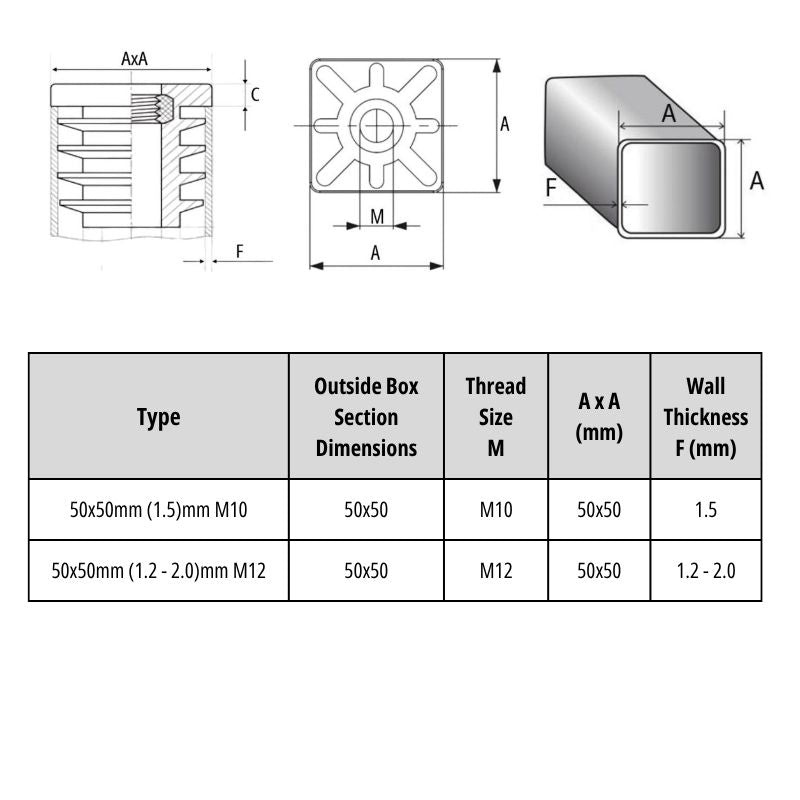 Square Tube Insert with Thread 50x50mm - M10 M12
